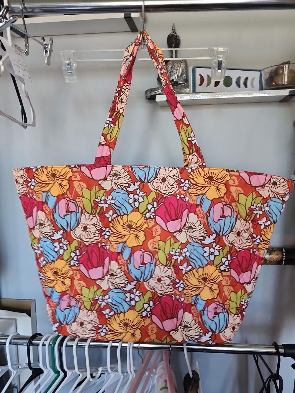 Vera Bradley Orange Floral Quilted Tote with Pink, Blue and Yellow Flowers